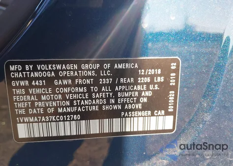 2019 Volkswagen Passat 2.0T Se R-Line z USA, uszkodzony, nr VIN 1VWMA7A37KC012760